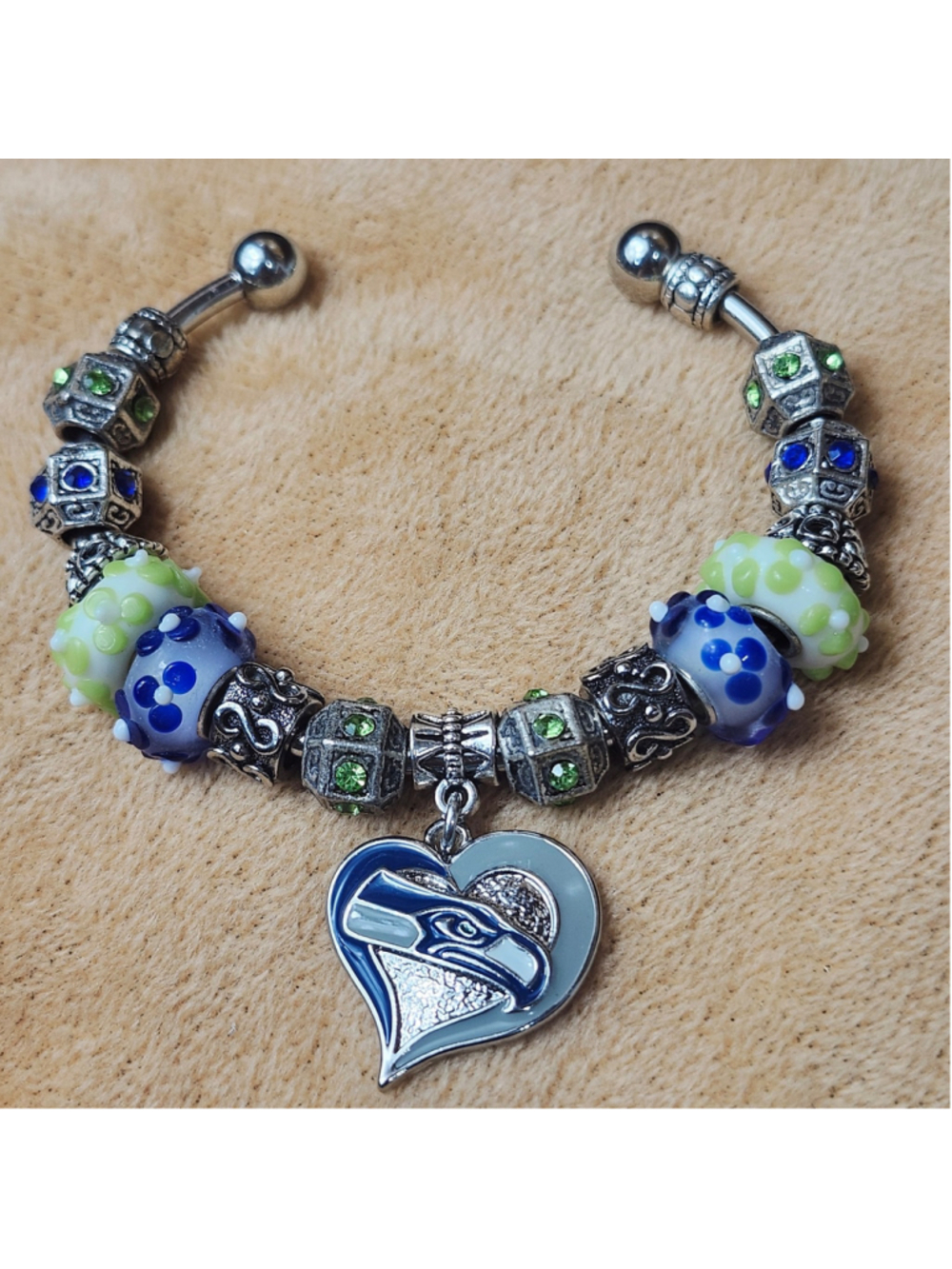 Green and Blue Seattle Seahawks Charm Bracelet